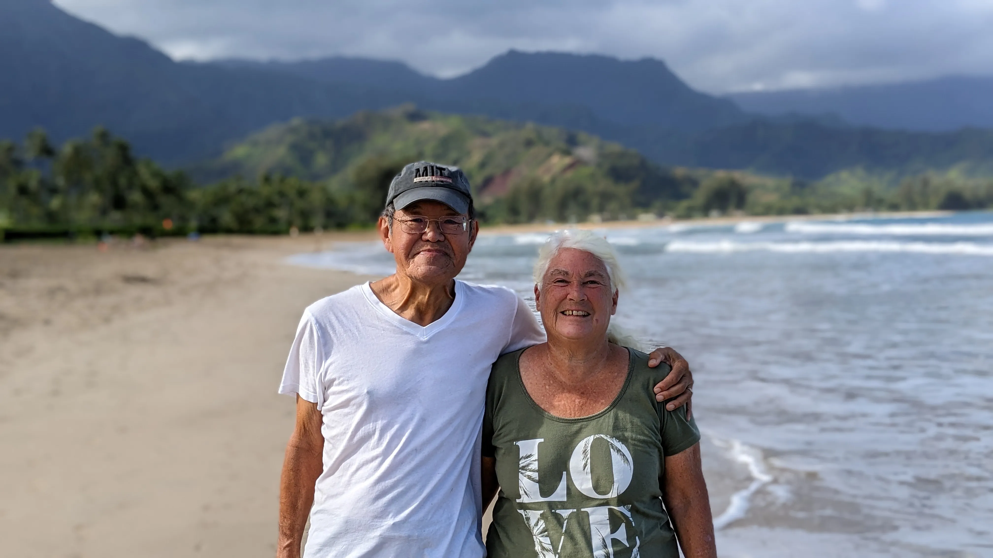 Stephanie and me on the beach in Kauai, where we live today.