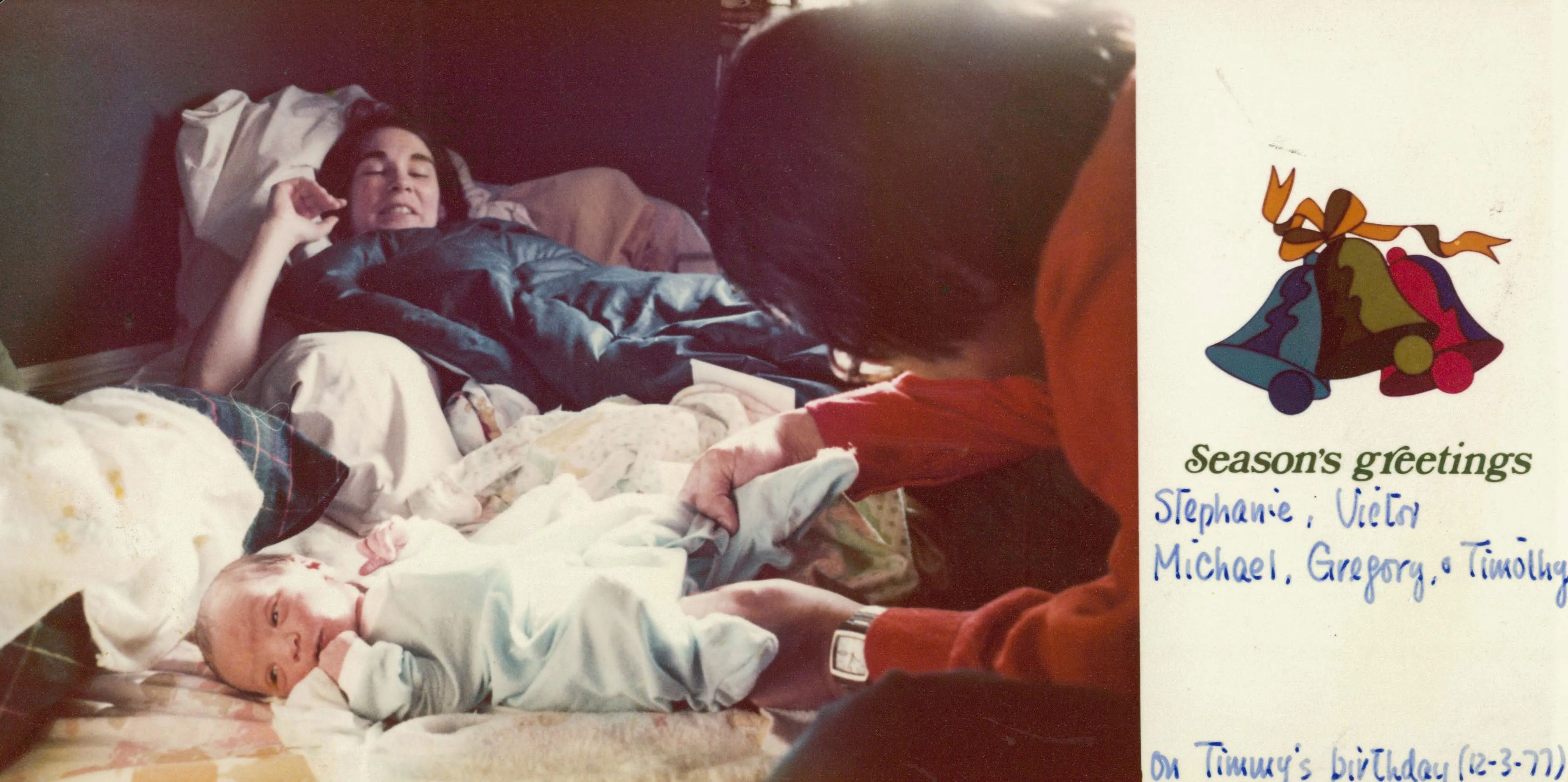 Our holiday card the year Tim was born — Stephanie with newborn Timothy, December 3, 1977.